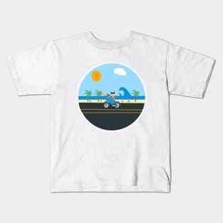 Cycling kawaii dog to the beach with his surfboard Kids T-Shirt